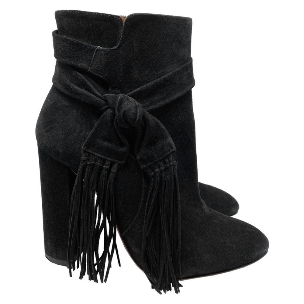 🔥Aquazzura Black Suede Chunky Ankle Boots Fringed